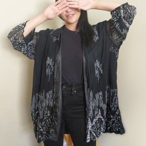 Embroidered Beaded Flame Kimono Long Cardigan